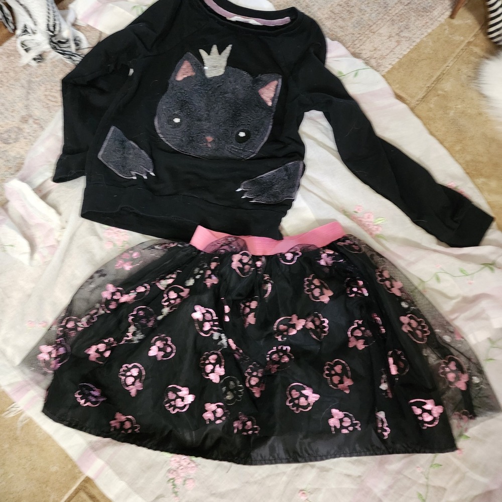 HM Girls Cat Sweatshirt and Nickelodeon Pink Paw Print Tutu Skirt Set Size 6-8